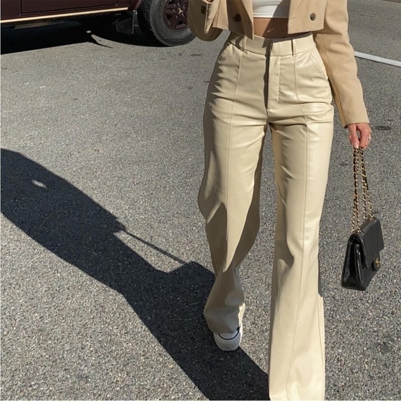 NWOT ZARA Ecru Wide Leg High Waist Vegan Leather Trouser Pant M - Picture 1 of 16